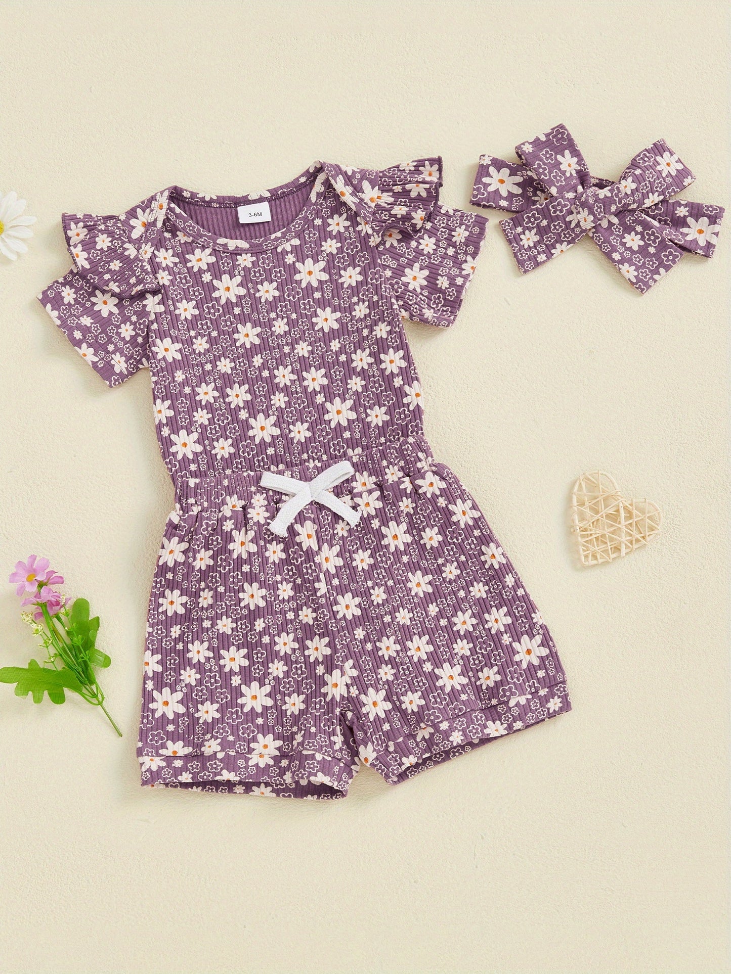 Baby Girl Summer Outfits Floral Print Crew Neck Short Sleeve Romper Shorts Headband 3pcs Clothes Set