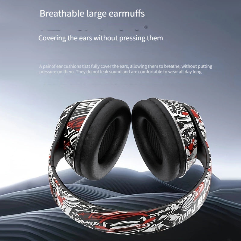 [Graffiti Design Condenser Microphone Headphones] Wireless On-Ear Headphones with Sound Isolation, Graffiti Design, Push Button Volume Control, Tangle-Free Cable, Condenser Microphone, 200mAh Rechargeable Battery, Type-C Char