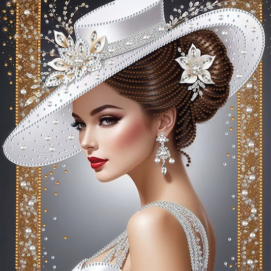 Elegant white sunshade hat Women's pattern diamond painting set, partially decorated with special shape crystal rhinestone home wall decoration DIY technology, (no border)