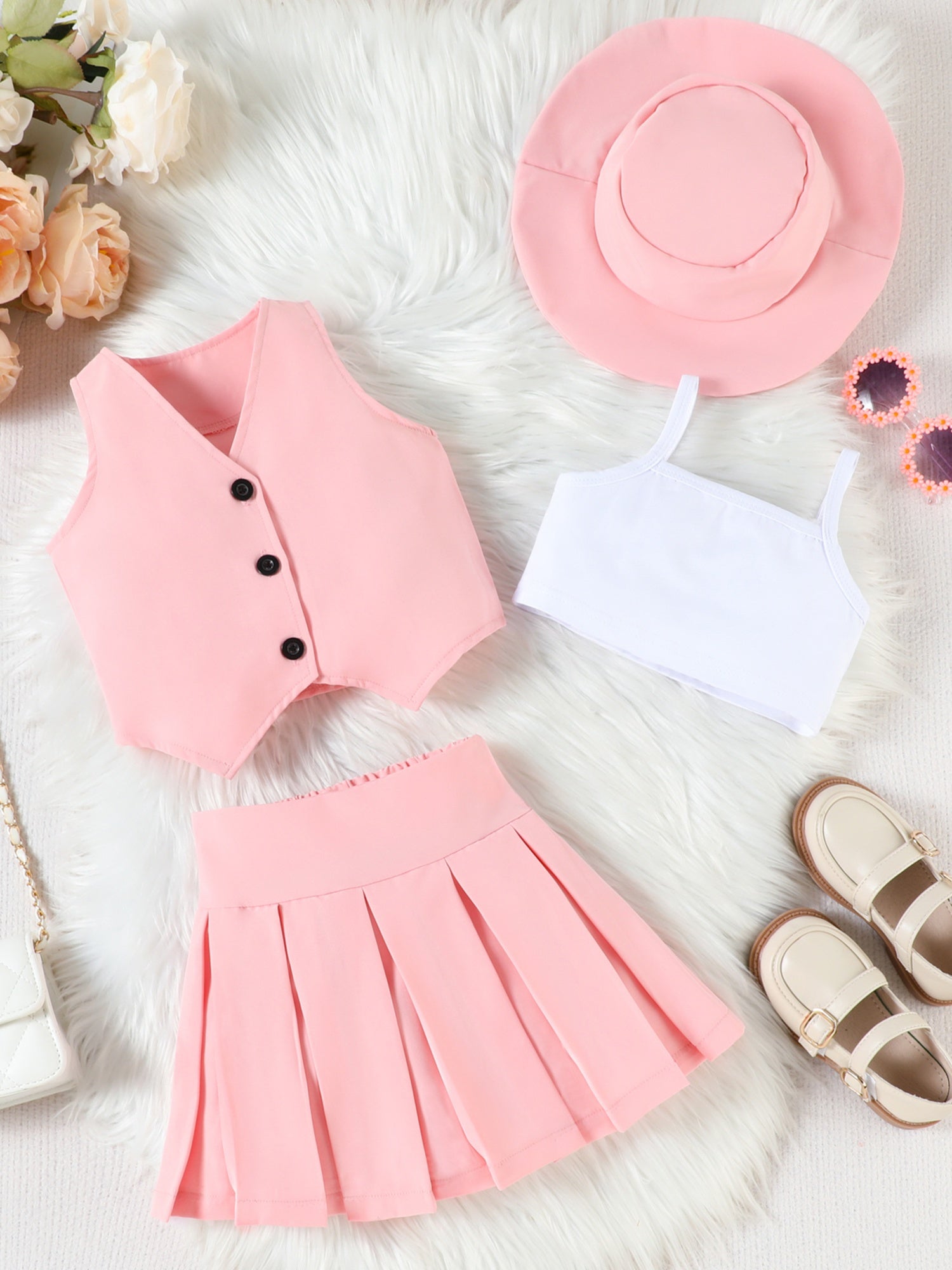 Girl Summer Set V-Neck Sleeveless Button-up Vest Cami Pleated Skirt Hat 4pcs Outfits, for Outdoor