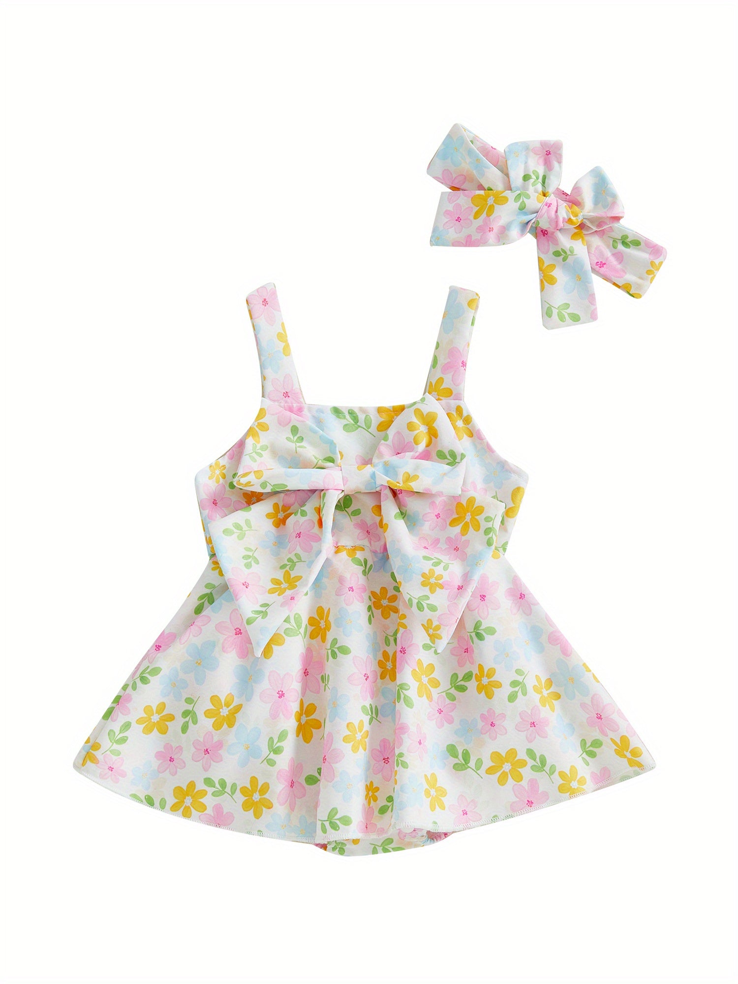 Baby Girl Summer Outfits Sleeveless Square Neck Bow Front Romper with Headband Set Newborn Clothes