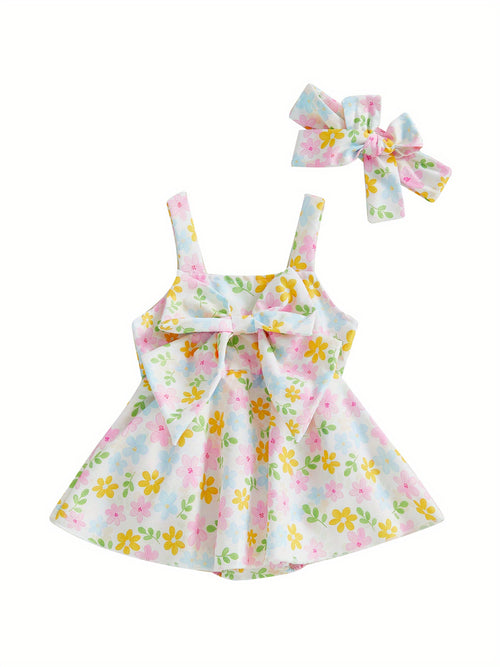 Baby Girl Summer Outfits Sleeveless Square Neck Bow Front Romper with Headband Set Newborn Clothes