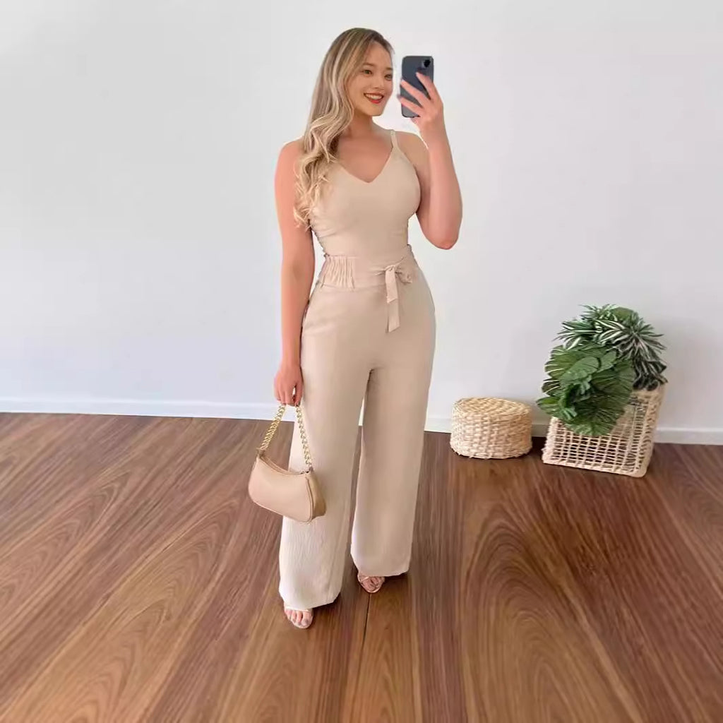 Women's Solid Color Slim Elastic Pleated Two-Piece Suit Sexy  Pants Suit
