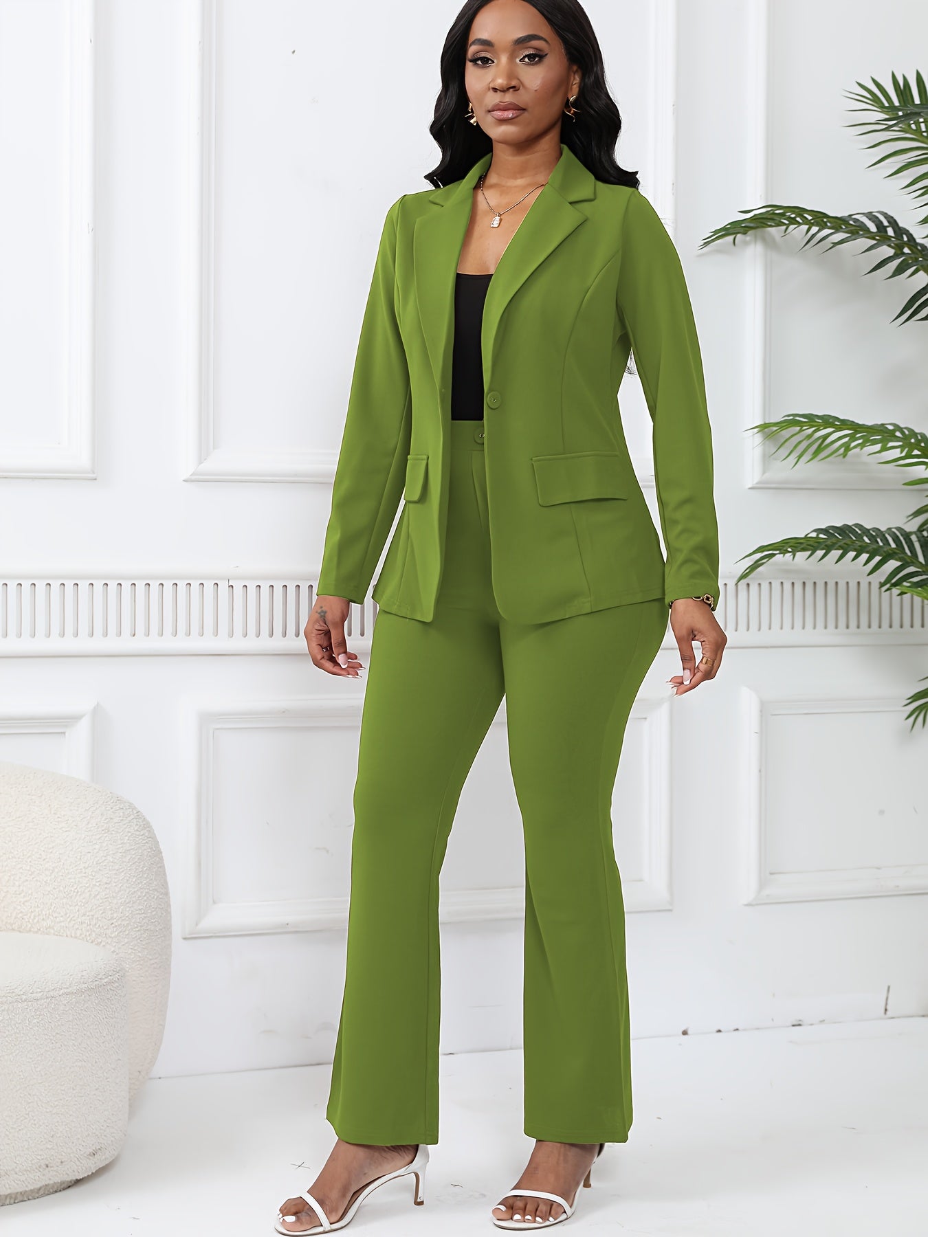 Elegant Solid Slim-Fit Two Piece Set, Single-Breasted Lapel Neck Blazer & Pants Outfits For Office & Work, Women's Clothing