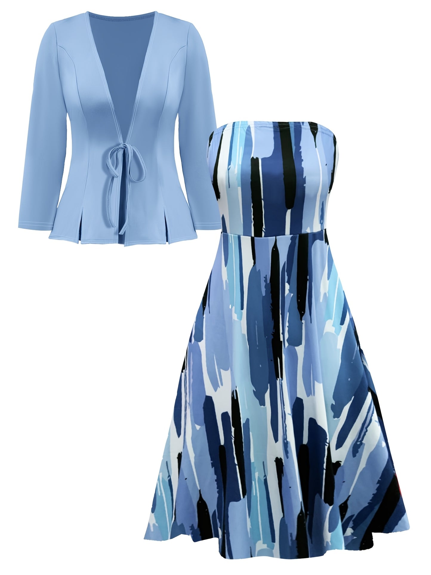 [2pcs Set: Crop Jacket & Dress] Elegant Women's 2pcs Set: Solid Color Crop Jacket & Geometric Print Dress - Stretchy, Machine Washable, Round Neck - Perfect for All Seasons