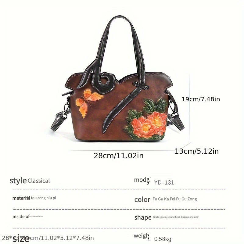 Genuine Genuine Leather Women's Crossbody Bag with Floral Embossed Design - Ethnic Style Coffee & Yellow Handbags, Zipper Closure & Polyester Lining for Casual or Formal Use