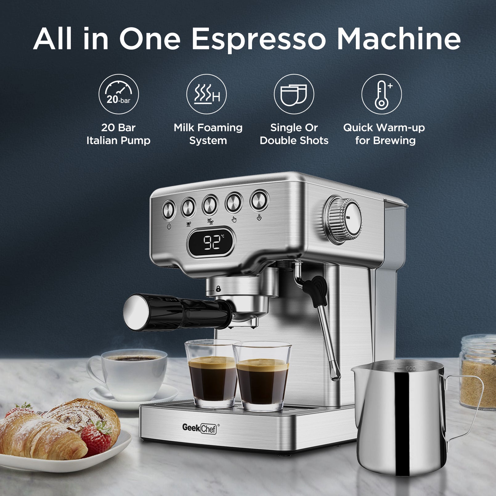 Geek Chef 20-Bar Espresso Machine with Milk Frother – 2-in-1 Home Coffee Maker