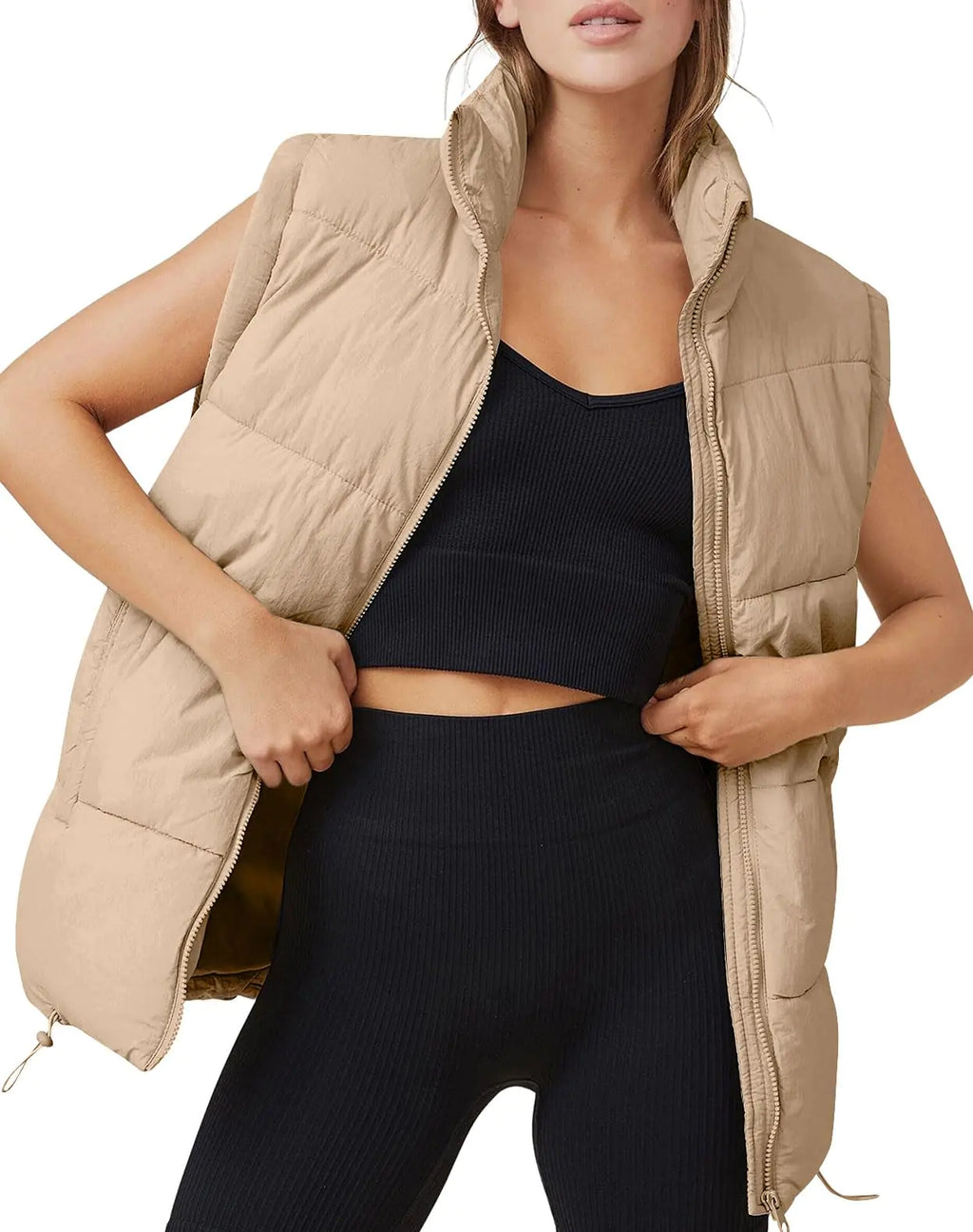AUTOMET Puffer Vest Women Sleeveless Zip Up Outerwear Warm Puffer Lightweight Down with Pocket Fall Winter Jackets Coats 2024 Khaki XL