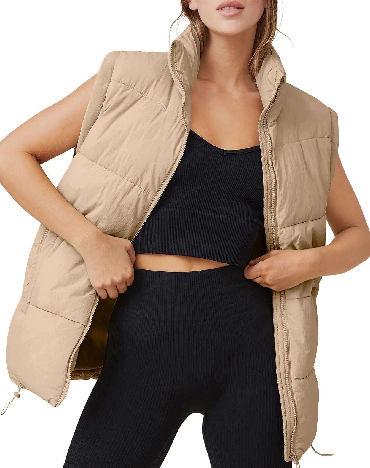 AUTOMET Puffer Vest Women Sleeveless Zip Up Outerwear Warm Puffer Lightweight Down with Pocket Fall Winter Jackets Coats 2024 Khaki XL