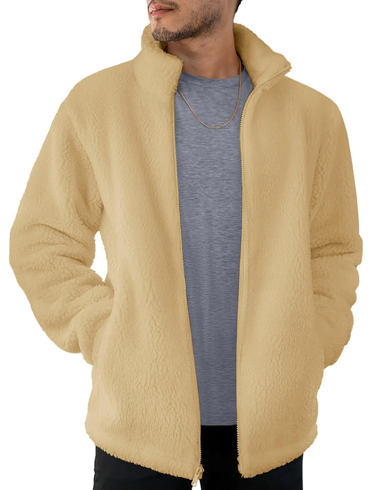 MAGCOMSEN Winter Jackets for Men Fuzzy Fleece Jacket Fluffy Warm Coats Sherpa Jacket with Zipper Pockets Open Front Cardigan Light KhakiL