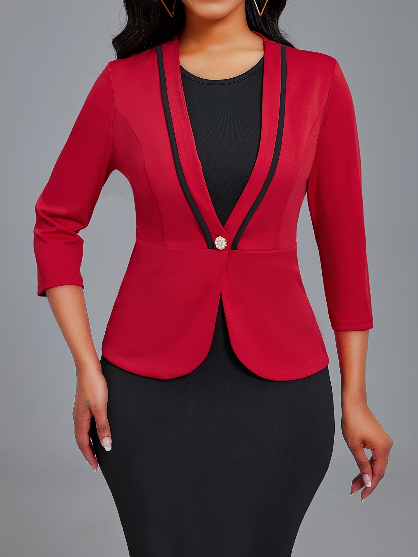 [Two Piece Elegant Outfits] Elegant Two Piece Set, Three-Quarter Sleeve Single-Breasted Blazer & Solid Bodycon Tank Dress Outfits, Women's Clothing