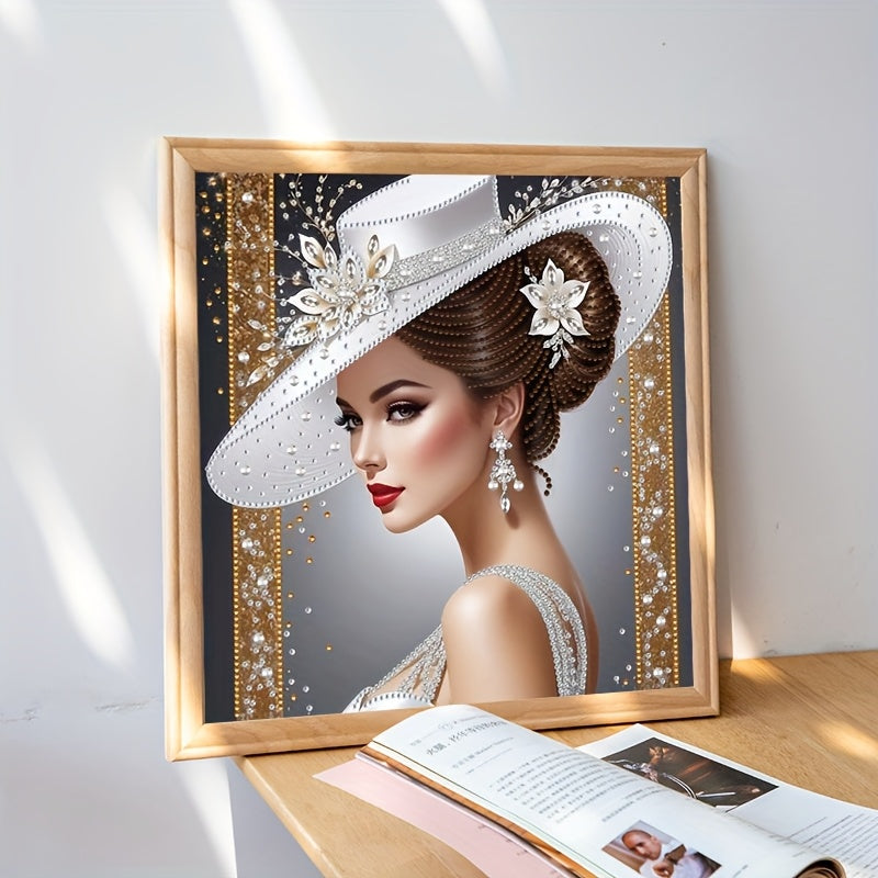 Elegant white sunshade hat Women's pattern diamond painting set, partially decorated with special shape crystal rhinestone home wall decoration DIY technology, (no border)