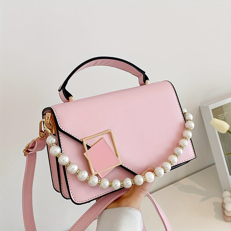 Fashion Square Handbag For Women, Faux Pearl Chain Decor Crossbody Bag, Metal Decor Flap Purse With Top Handle
