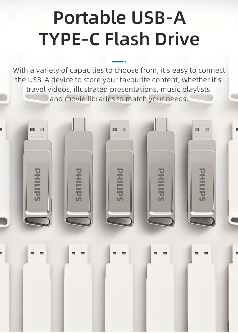 [PHILIPS Dual Flash Drive] PHILIPS 2-in-1 USB 3.2 Type-C Dual Flash Drive - Speed Up to 150MB/s, Metal, 32 GB, 64 GB, 128 GB, 256 GB - for USB-C Android Phones, iPhone 15, MacBook, iPad, Computers, etc
