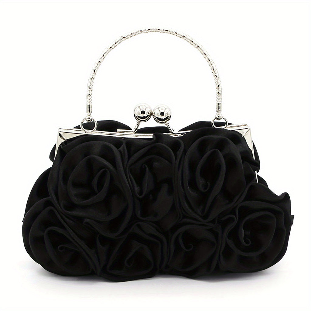 Elegant Floral Fabric Clutch with Kiss Lock Closure, Polyester Lined Evening Handbag for Women - Perfect for Weddings, Parties & Formal Events, Wedding Purse | Floral Embellished Purse | Soft Pink Roses Design
