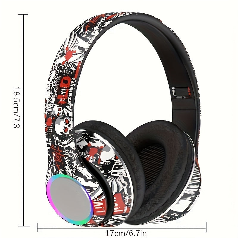 [Graffiti Design Condenser Microphone Headphones] Wireless On-Ear Headphones with Sound Isolation, Graffiti Design, Push Button Volume Control, Tangle-Free Cable, Condenser Microphone, 200mAh Rechargeable Battery, Type-C Char