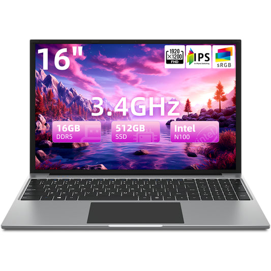 Laptop 16 Inch, 16GB DDR5 512GB SSD, Quad Core N100 CPU, FHD IPS 1200P Display, Notebook Computers with Cooling System, 38WH Battery, 2.4G+5G WiFi.