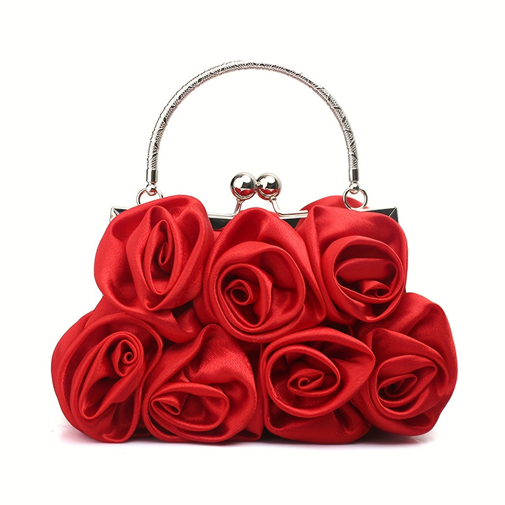 Elegant Floral Fabric Clutch with Kiss Lock Closure, Polyester Lined Evening Handbag for Women - Perfect for Weddings, Parties & Formal Events, Wedding Purse | Floral Embellished Purse | Soft Pink Roses Design