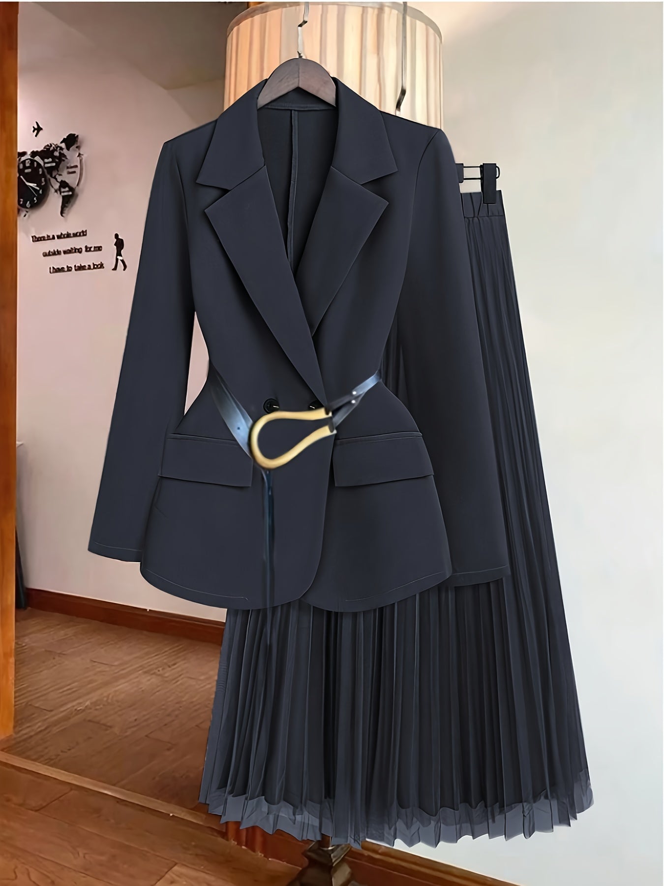 Women's Elegant Solid Color Double-Breasted Suit Jacket with Mesh Pleated Skirt Set, Spring/Summer Belt Not Included