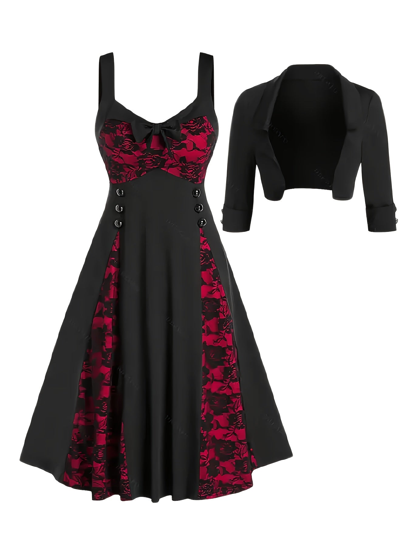 [Rose Lace Dress] Two-Piece Women's Elegant Evening Dress | Casual Rose Lace Flower V-Neck Sleeveless Floral Lace Vintage Dress and Short Jacket