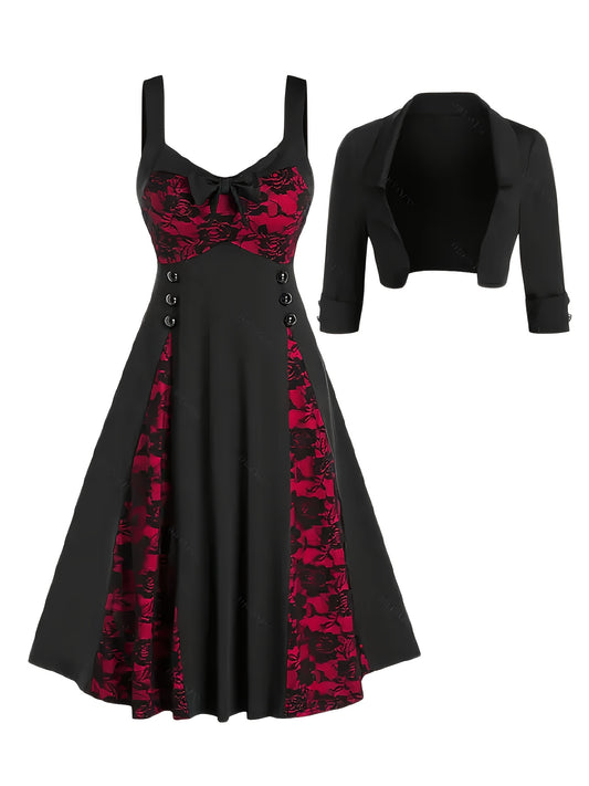 [Rose Lace Dress] Two-Piece Women's Elegant Evening Dress | Casual Rose Lace Flower V-Neck Sleeveless Floral Lace Vintage Dress and Short Jacket