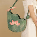 2025 New Chinese Style Women's Shoulder Bag - Exquisite Floral Embroidery Designer Handbag with Green & Pink for Lotus & Dragonfly, Zipper Closure, Lightweight Polyester Lining, Durable Oxford Fabric, Elegant Country Handbag