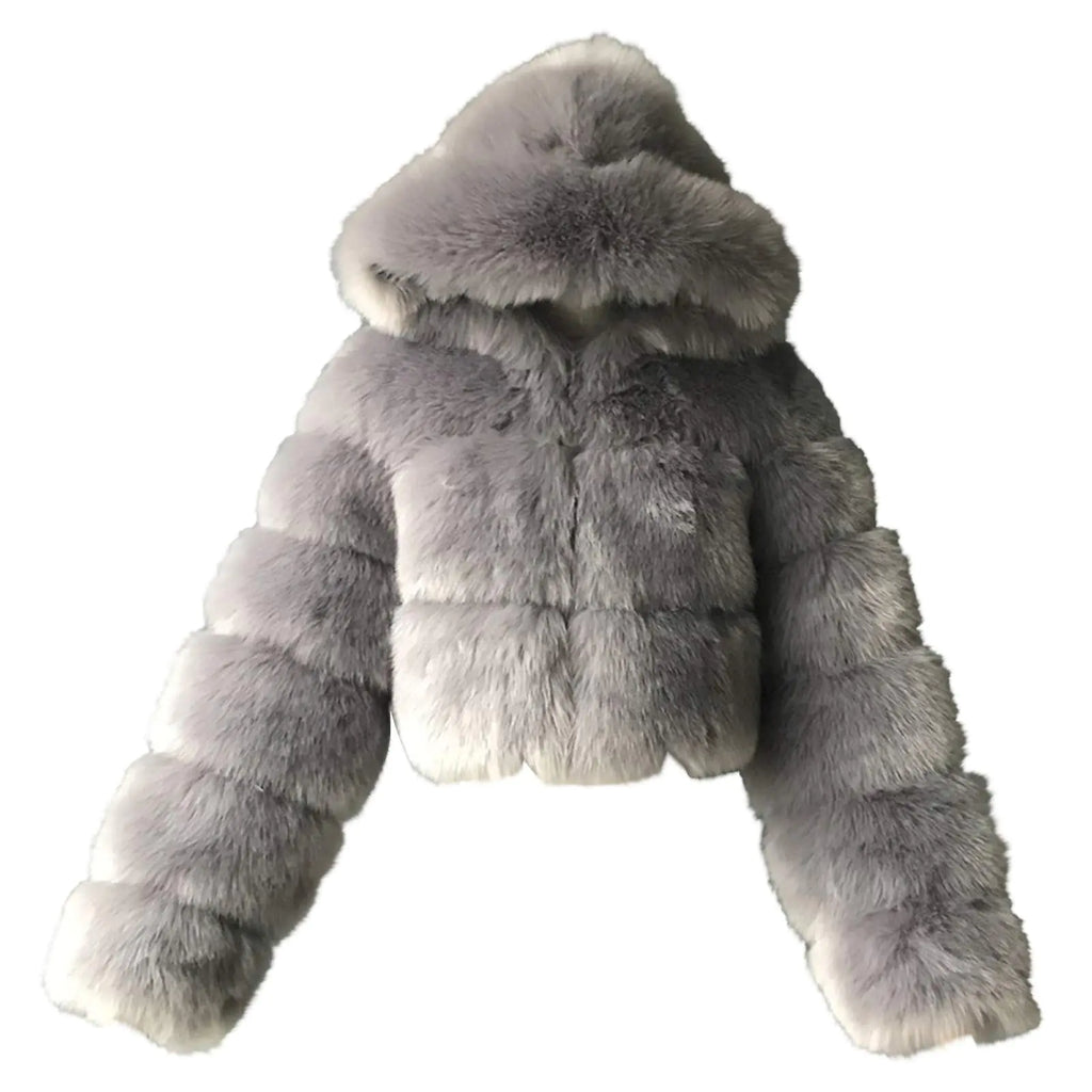 iQKA Women Short Faux Coat Cropped Fluffy Jacket Hooded Winter Warm Fuzzy Splicing Jackets Long Sleeve (X1-Grey S)