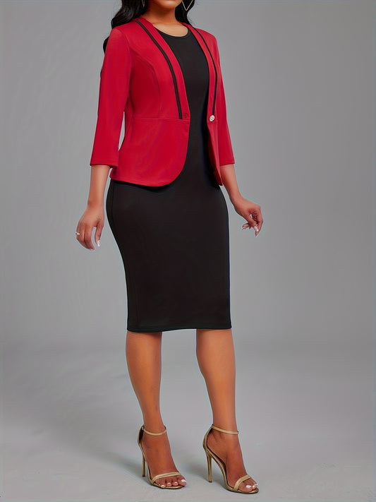 [Two Piece Elegant Outfits] Elegant Two Piece Set, Three-Quarter Sleeve Single-Breasted Blazer & Solid Bodycon Tank Dress Outfits, Women's Clothing