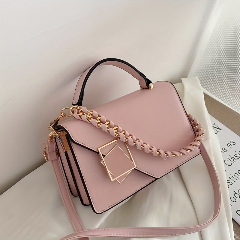 Fashion Square Handbag For Women, Faux Pearl Chain Decor Crossbody Bag, Metal Decor Flap Purse With Top Handle