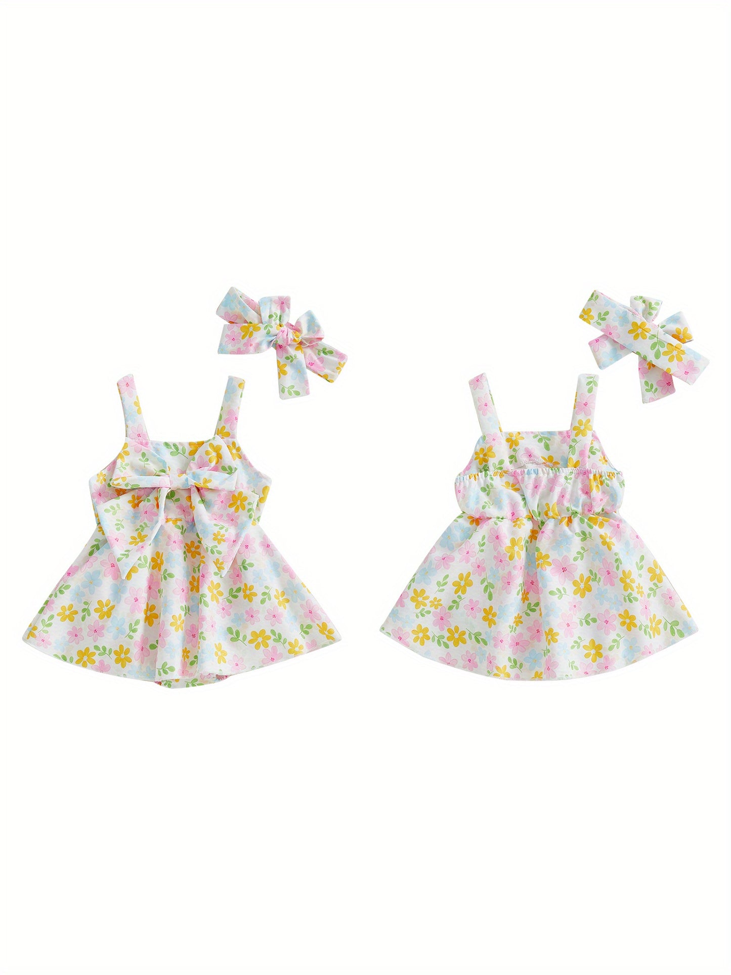 Baby Girl Summer Outfits Sleeveless Square Neck Bow Front Romper with Headband Set Newborn Clothes