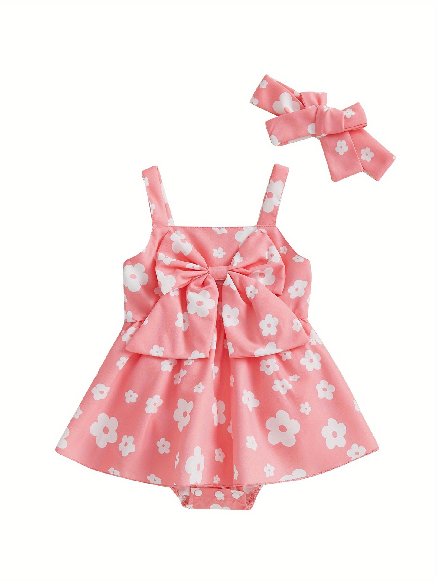 Baby Girl Summer Outfits Sleeveless Square Neck Bow Front Romper with Headband Set Newborn Clothes