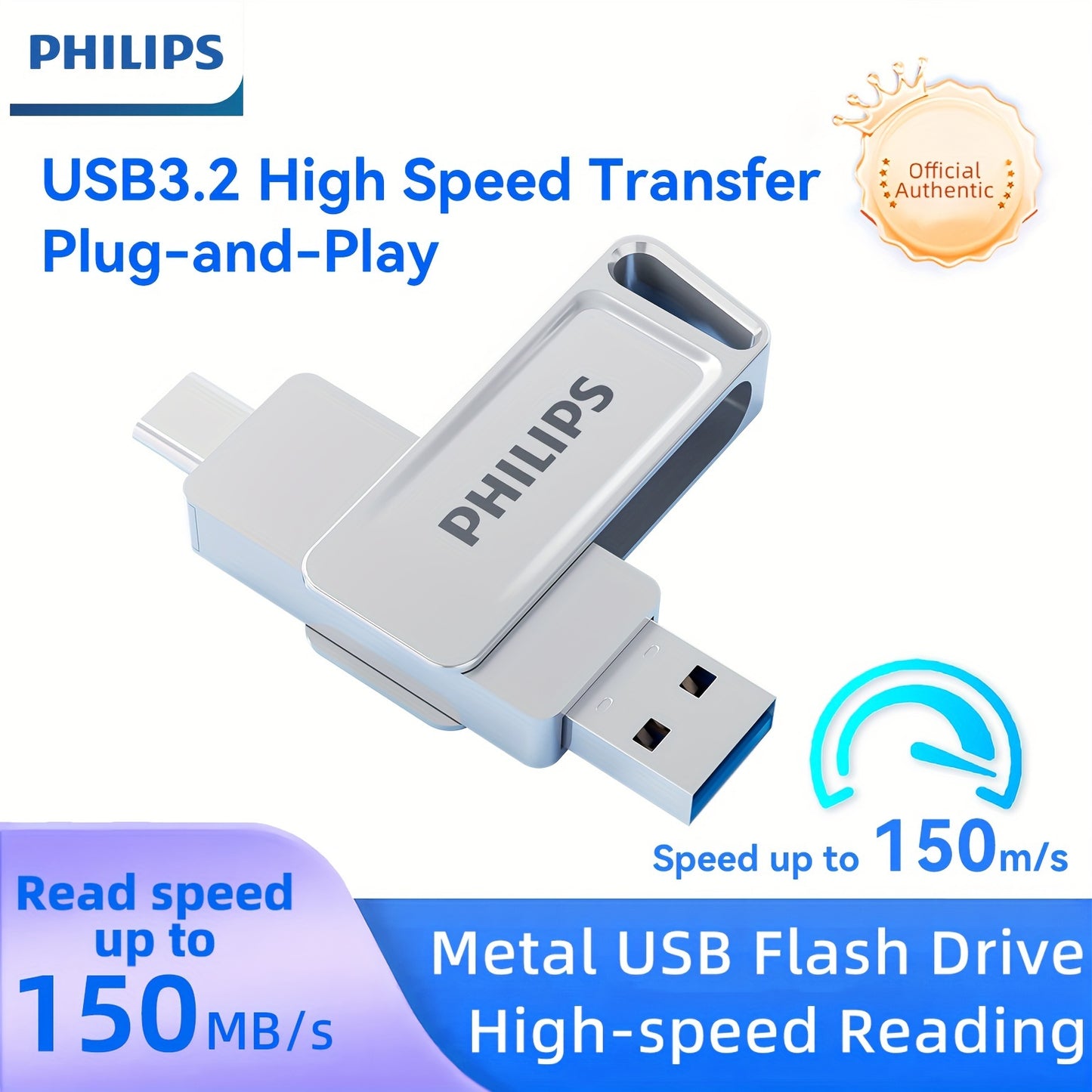 [PHILIPS Dual Flash Drive] PHILIPS 2-in-1 USB 3.2 Type-C Dual Flash Drive - Speed Up to 150MB/s, Metal, 32 GB, 64 GB, 128 GB, 256 GB - for USB-C Android Phones, iPhone 15, MacBook, iPad, Computers, etc