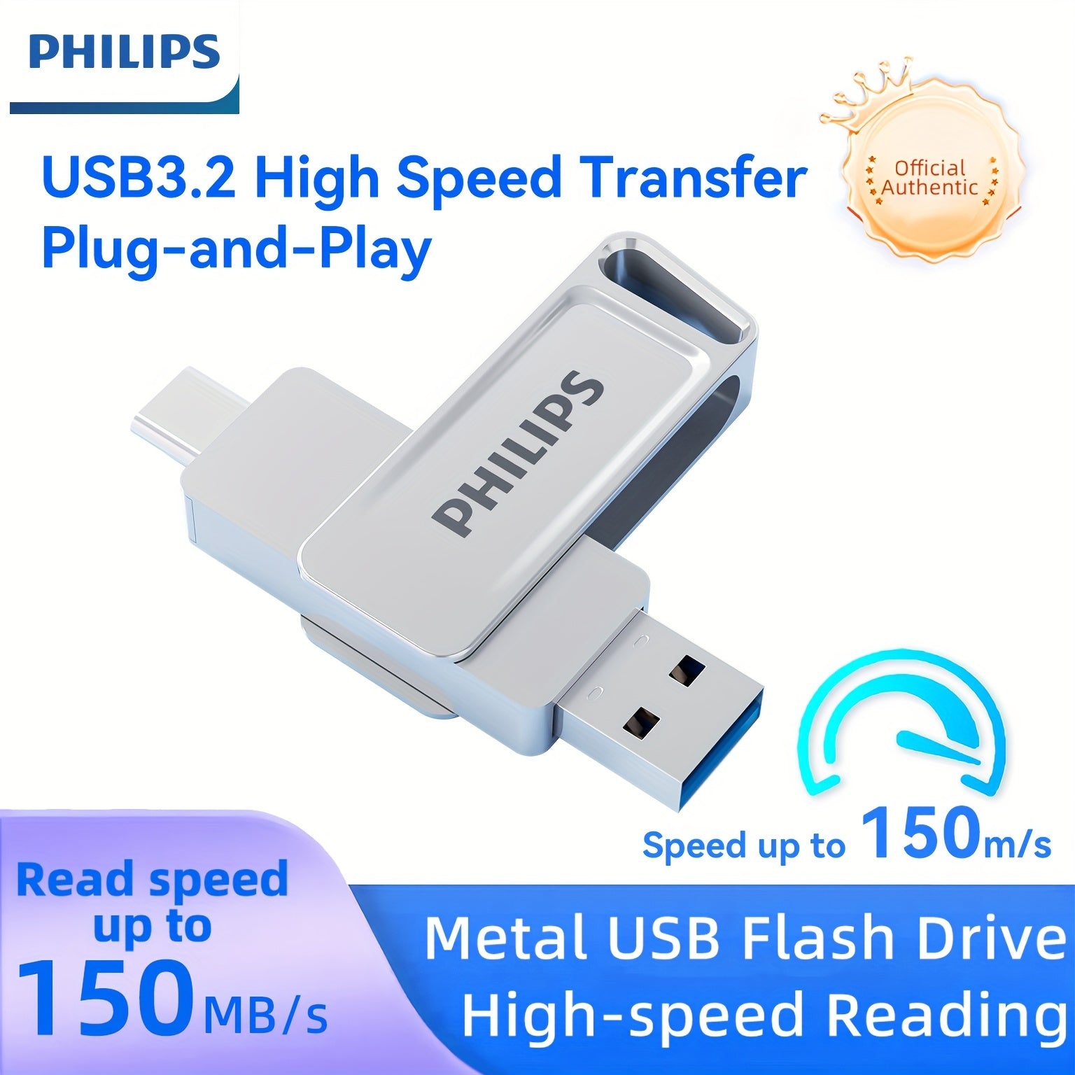 [PHILIPS Dual Flash Drive] PHILIPS 2-in-1 USB 3.2 Type-C Dual Flash Drive - Speed Up to 150MB/s, Metal, 32 GB, 64 GB, 128 GB, 256 GB - for USB-C Android Phones, iPhone 15, MacBook, iPad, Computers, etc