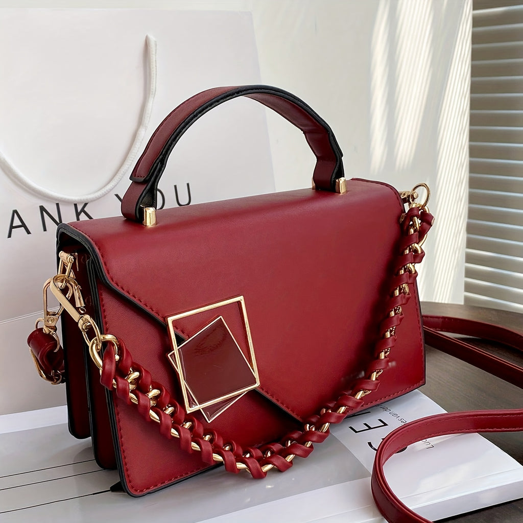 Fashion Square Handbag For Women, Faux Pearl Chain Decor Crossbody Bag, Metal Decor Flap Purse With Top Handle