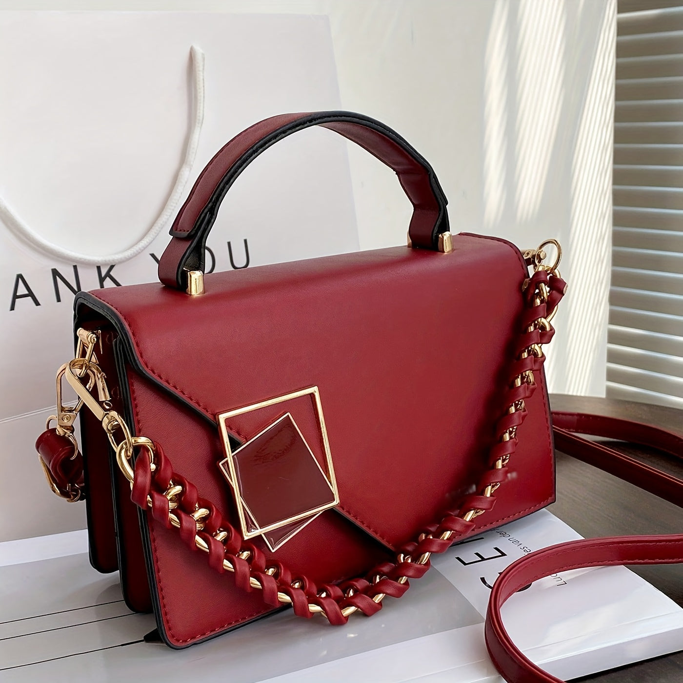 Fashion Square Handbag For Women, Faux Pearl Chain Decor Crossbody Bag, Metal Decor Flap Purse With Top Handle