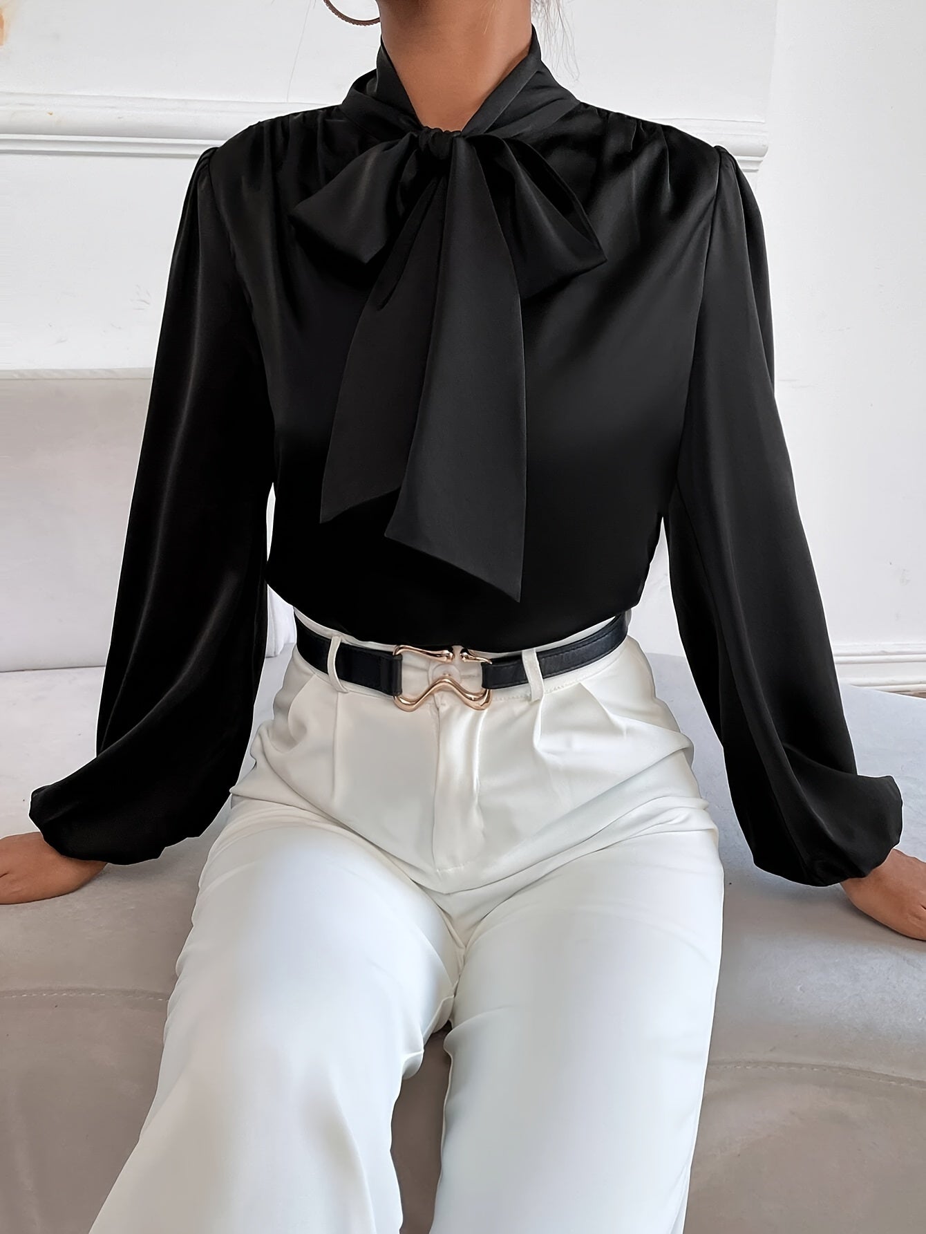 Elegant Satin Blouse with Tie-Neck and Bishop Sleeves, Polyester and Elastane, Solid Color, Non-Stretch Fabric - Women's Fashion Top, Seasonal Fashion | Bow Detail Shirt | Stylish Design, Ladies Blouses