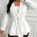 Women's Elegant Black Blazer with Button Details - Long Sleeve, Open Front, Ruffled Hem, Machine Washable for Spring/Summer/Fall, Office Wear Blazer | Golden Button Detailing | Front Pockets Blazer