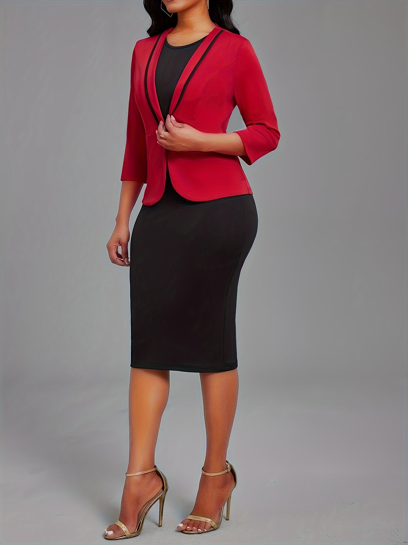 [Two Piece Elegant Outfits] Elegant Two Piece Set, Three-Quarter Sleeve Single-Breasted Blazer & Solid Bodycon Tank Dress Outfits, Women's Clothing
