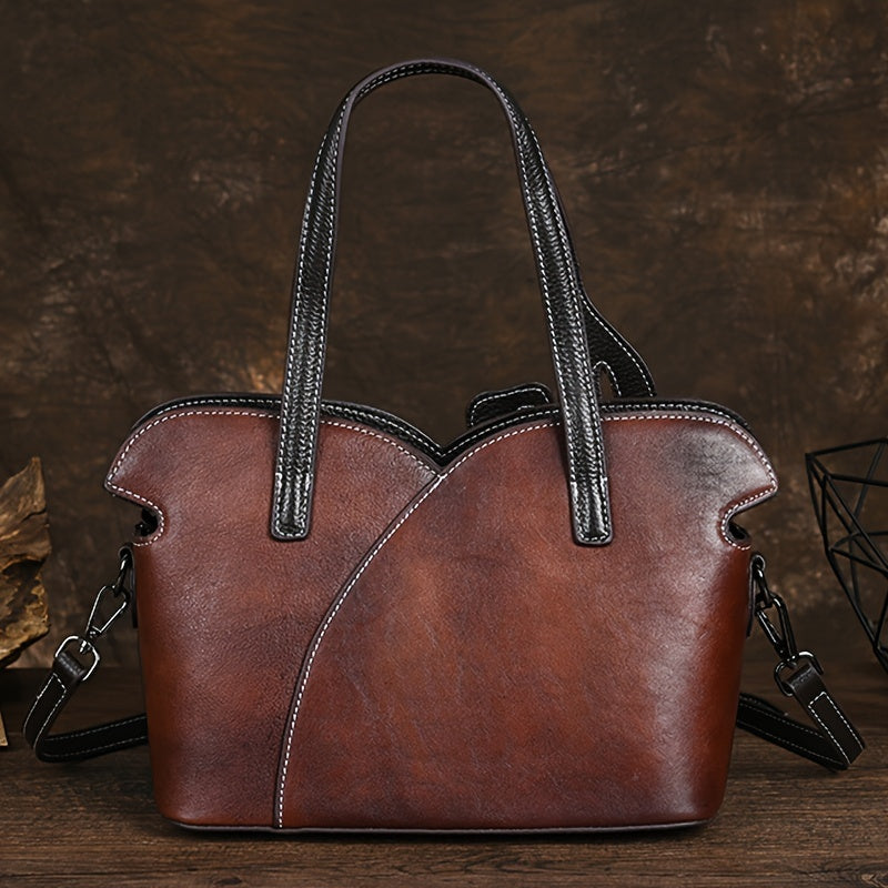 Genuine Genuine Leather Women's Crossbody Bag with Floral Embossed Design - Ethnic Style Coffee & Yellow Handbags, Zipper Closure & Polyester Lining for Casual or Formal Use