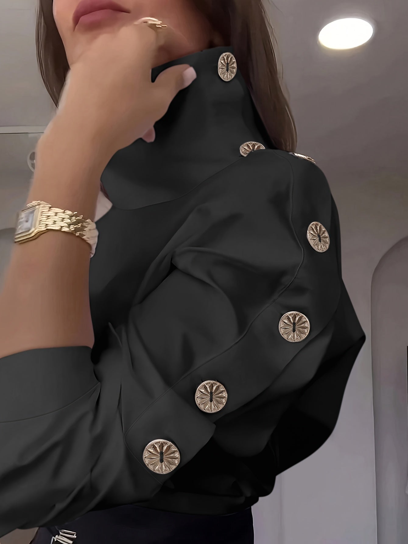 Women's Summer High Neck Long Sleeve Button-Up Shirt - Solid Color Machine Washable Office & Casual Top, Elegant Commuter Blouse with Classic Collar, Non-See-Through Professional Workwear, Decorative Buttons, Ladies Blouses