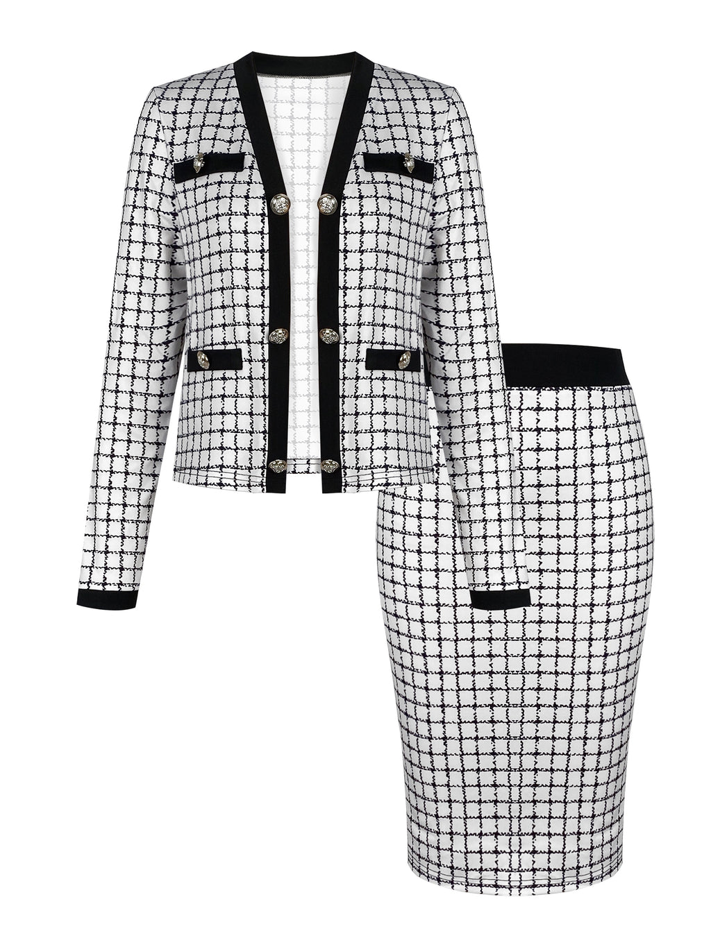 Long Sleeve Button Front High Waist Plaid Pattern Elegant Skirt Set Outfits, Women's Clothing
