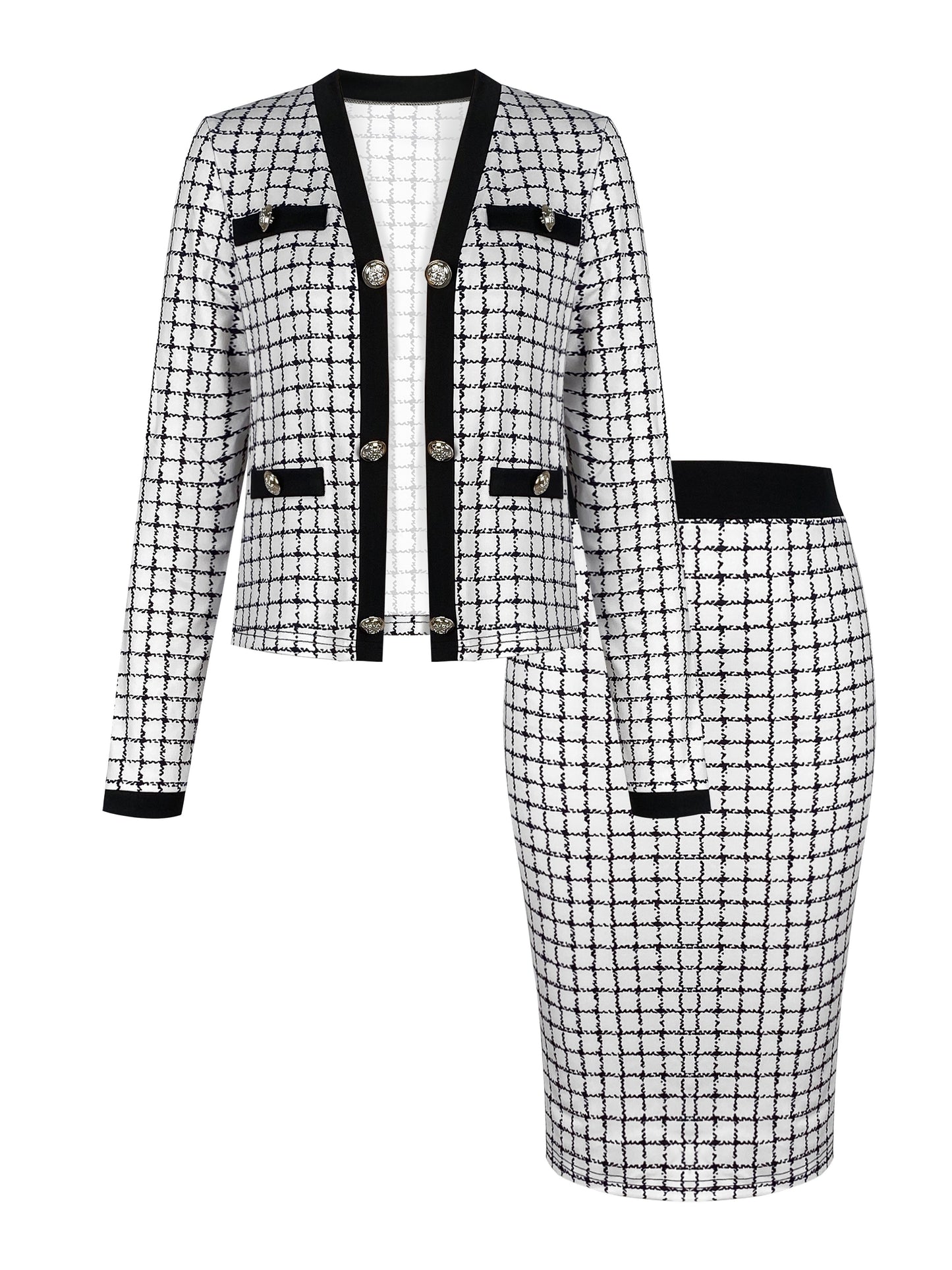Long Sleeve Button Front High Waist Plaid Pattern Elegant Skirt Set Outfits, Women's Clothing