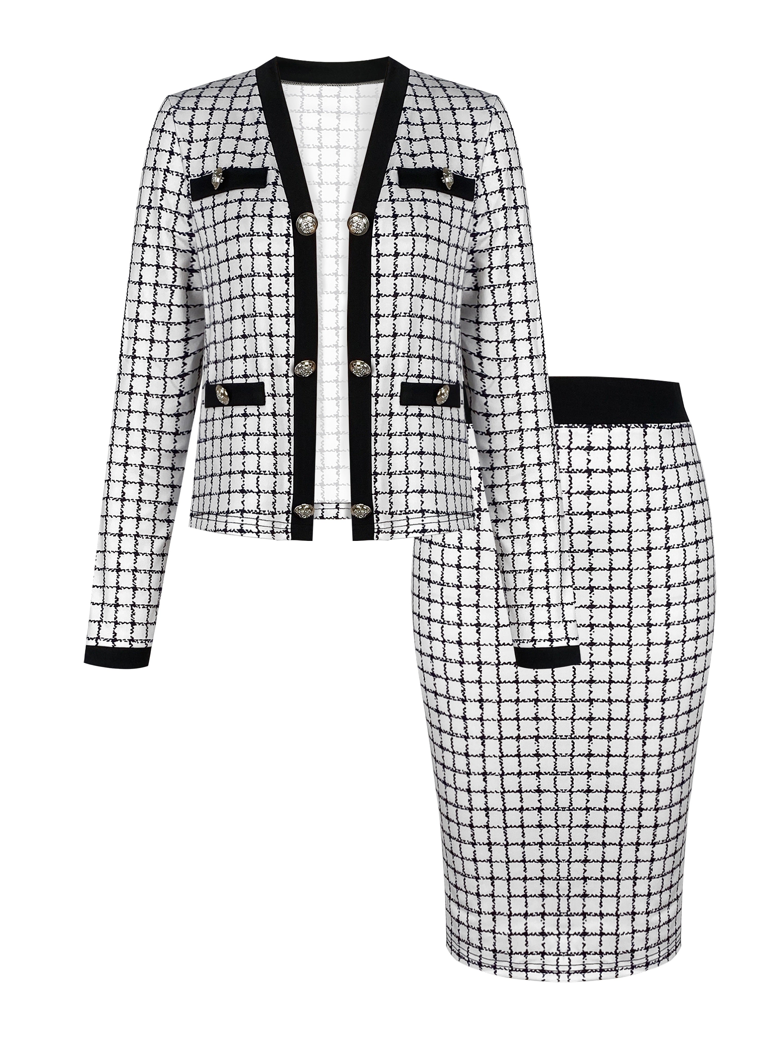 Long Sleeve Button Front High Waist Plaid Pattern Elegant Skirt Set Outfits, Women's Clothing