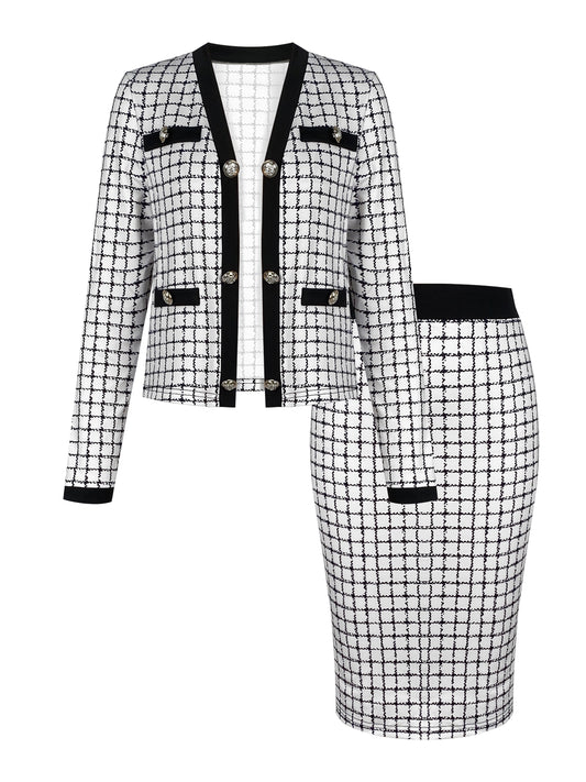 Long Sleeve Button Front High Waist Plaid Pattern Elegant Skirt Set Outfits, Women's Clothing