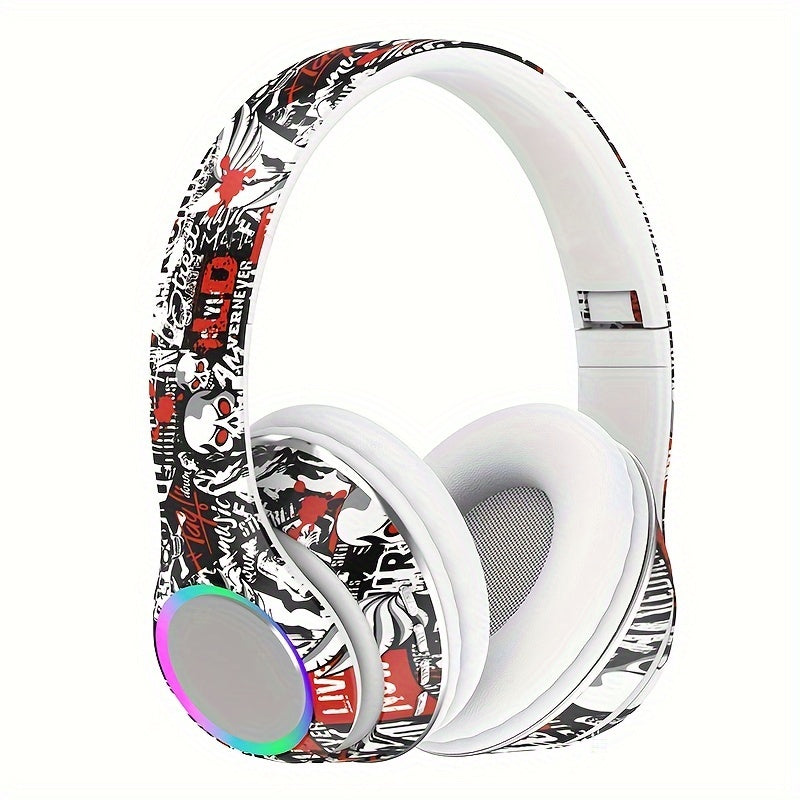 [Graffiti Design Condenser Microphone Headphones] Wireless On-Ear Headphones with Sound Isolation, Graffiti Design, Push Button Volume Control, Tangle-Free Cable, Condenser Microphone, 200mAh Rechargeable Battery, Type-C Char