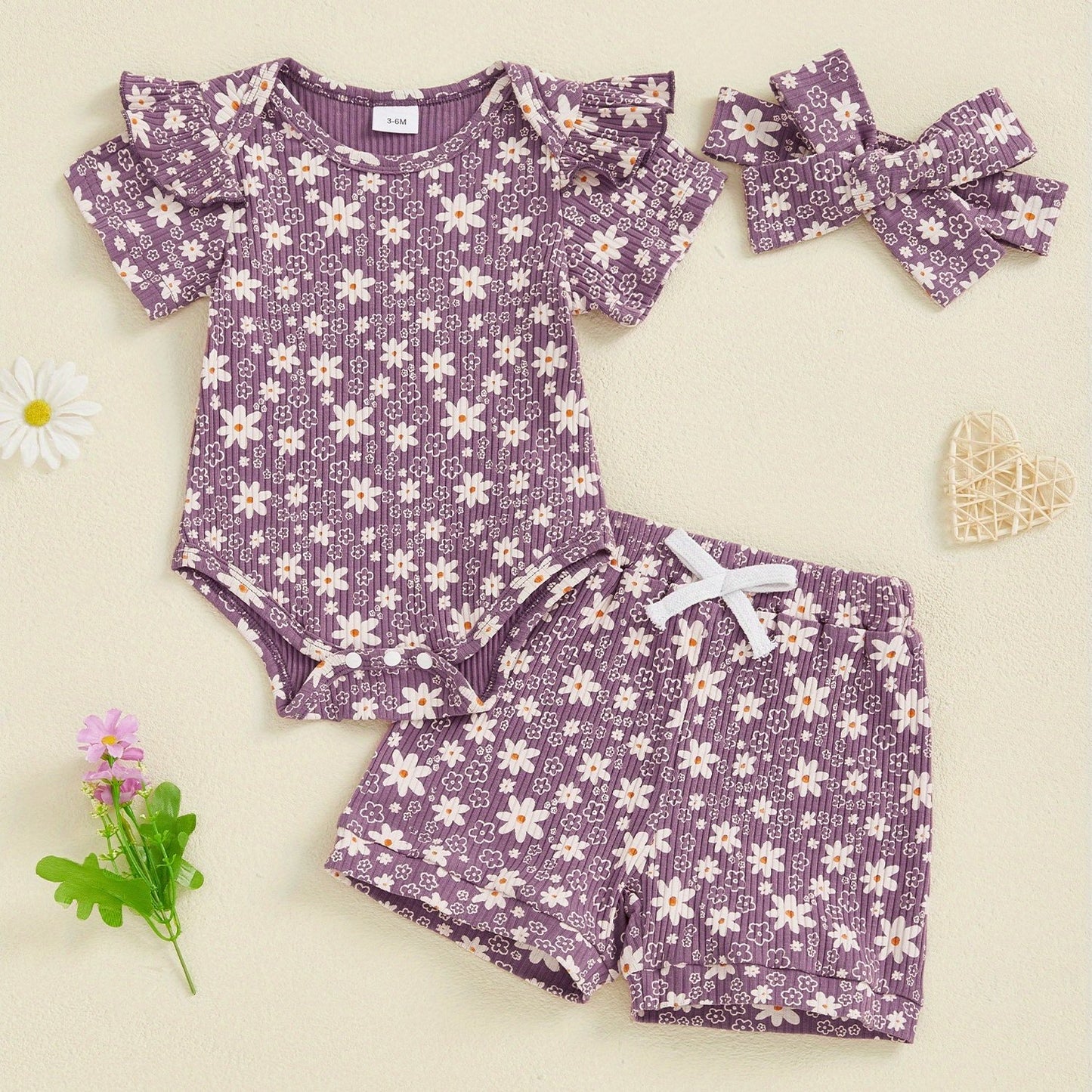 Baby Girl Summer Outfits Floral Print Crew Neck Short Sleeve Romper Shorts Headband 3pcs Clothes Set