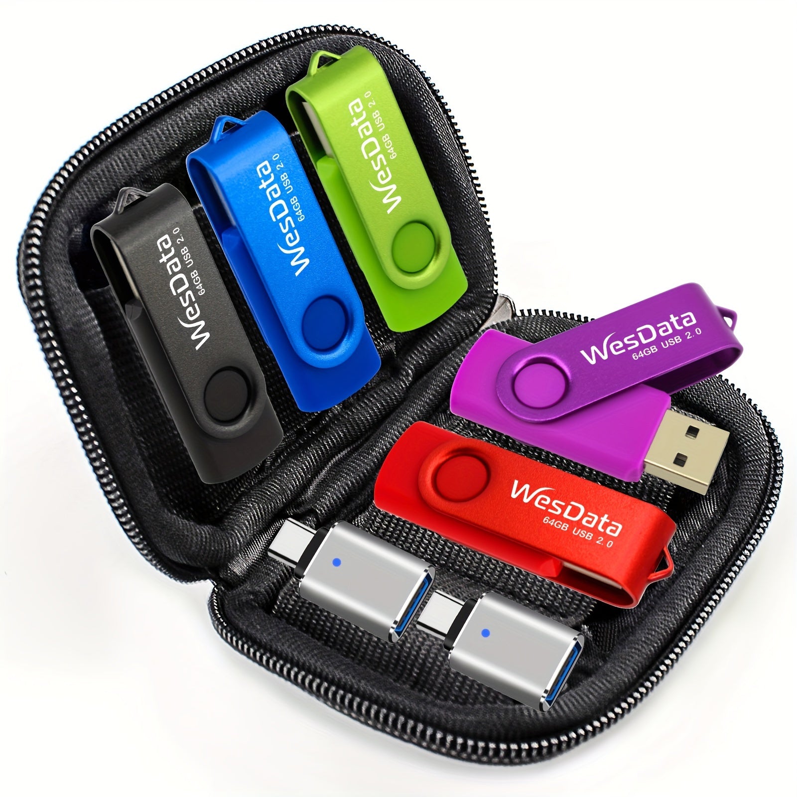 [5 Packs USB Flash Drive Storage] 5 Packs 32GB 64GB USB Flash Drive With 2 Packs USB C Adapter In A Case Thumb Drives USB Memory Stick For OTG Android Phones, Laptops, MacBook, Tablets, PC Storage And Backup (5 Colors)