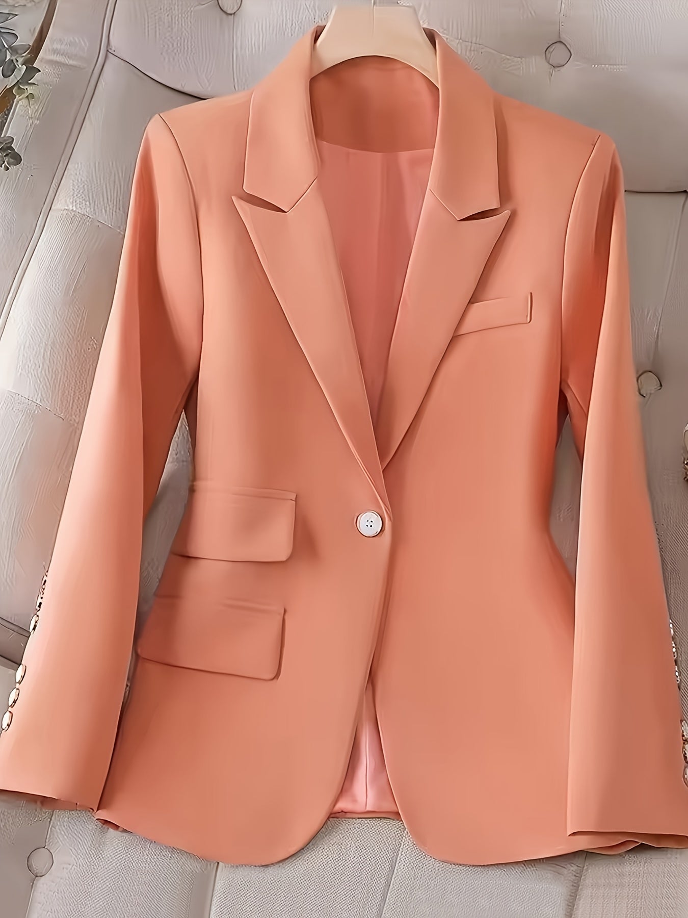 Women'S Elegant Pink Blazer with Decorative Buttons and Pockets - Long Sleeve, Polyester, Single-Breasted Jacket for All Seasons, Casual to Formal Wear, Casual Formal Jacket | Elegant Women'S Jacket | Polyester Jacke