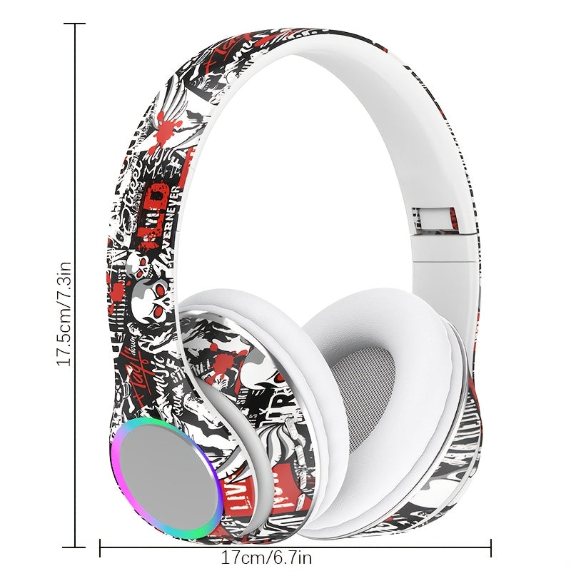 [Graffiti Design Condenser Microphone Headphones] Wireless On-Ear Headphones with Sound Isolation, Graffiti Design, Push Button Volume Control, Tangle-Free Cable, Condenser Microphone, 200mAh Rechargeable Battery, Type-C Char