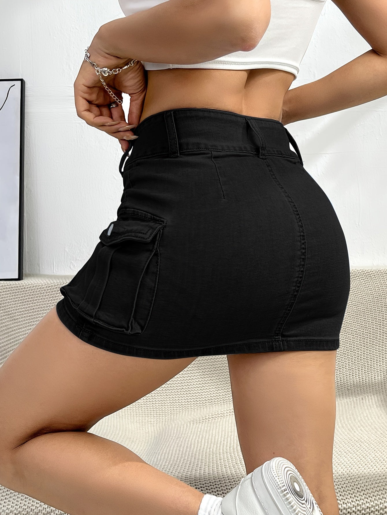 Multi-pocket Denim Cargo Skirts, Single Button Sexy Mid-stretch Denim Skirts, Women's Denim Clothing